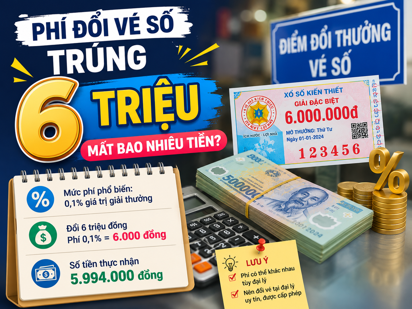 Phí đổi vé số trúng 6 triệu bao nhiêu và số tiền thực nhận
